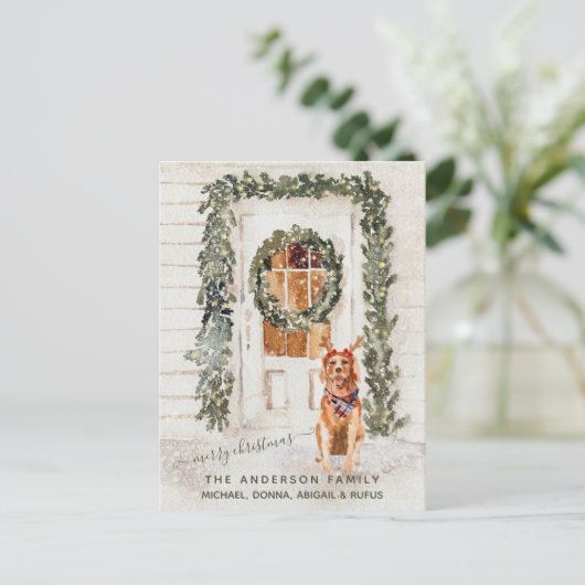 スノーイヴィンテージゴールデンレトリバーホリデーウォーターカラー ポストカード (スタンド正面)