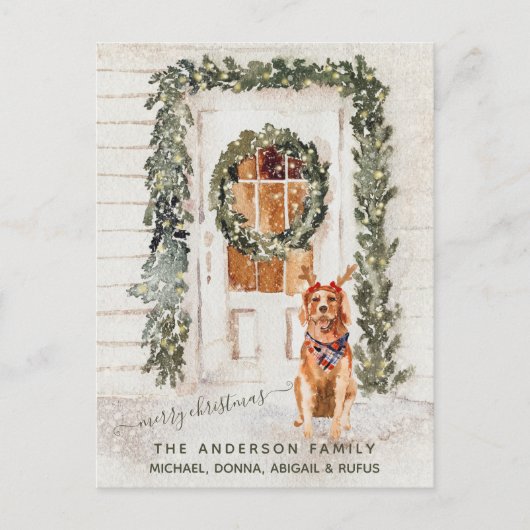 スノーイヴィンテージゴールデンレトリバーホリデーウォーターカラー ポストカード (正面)
