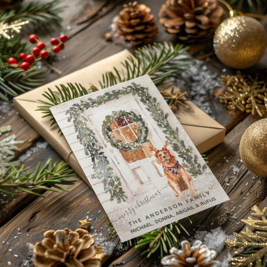 スノーイヴィンテージゴールデンレトリバーホリデーウォーターカラー ポストカード