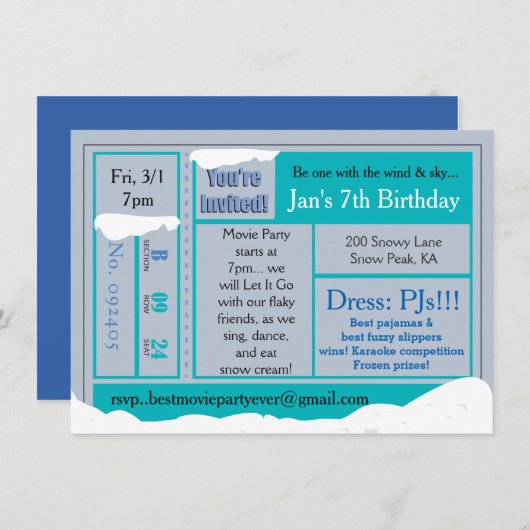 スノーイ凍ってい誕生日ムービーTix招待状 招待状 (正面/裏面)