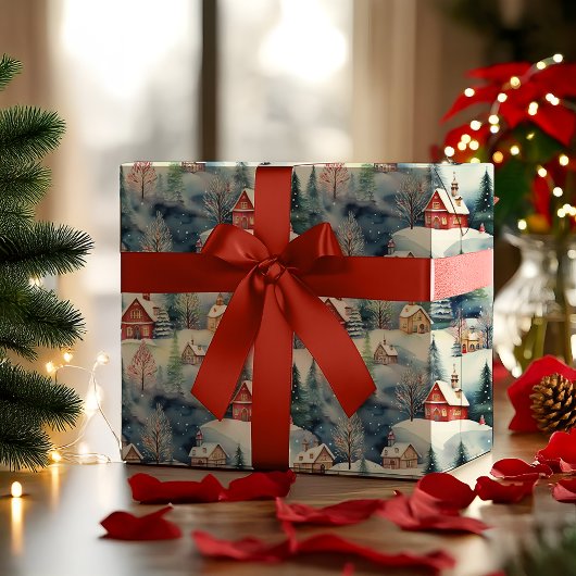 スノーウィンタースイスビレッジクリスマスホリデー ラッピングペーパー