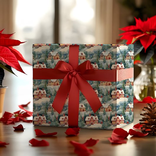 スノーウィンタースイスビレッジクリスマスホリデー ラッピングペーパー