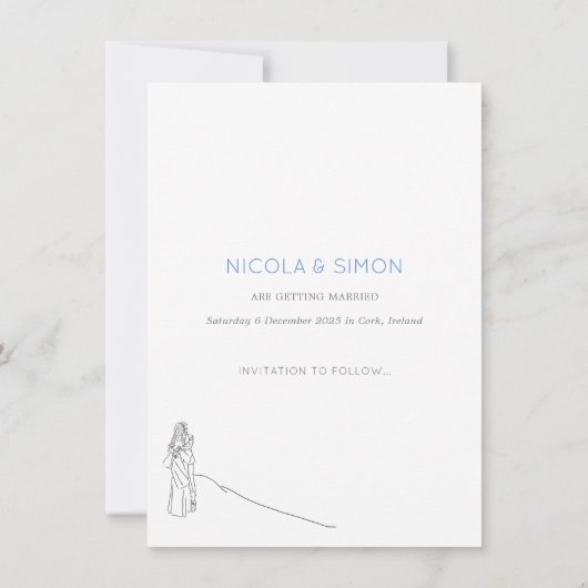 スノーウィンタースキー新婚カップル白黒 セーブザデート (裏面)