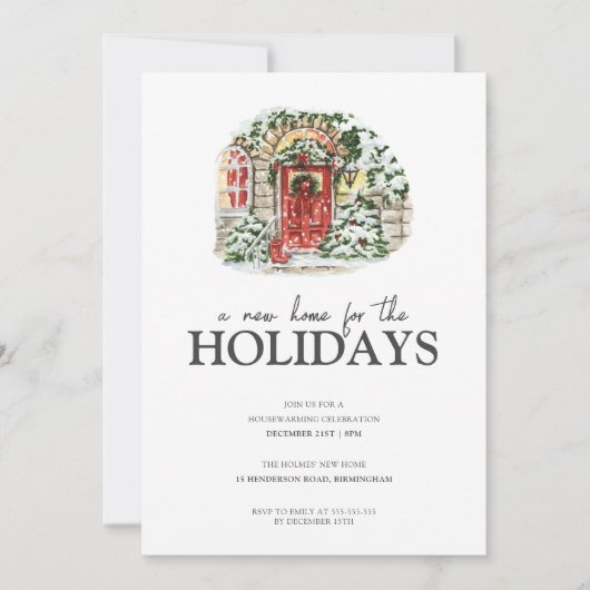 スノーウィンタービレッジレッドプレイド引っ越し祝いパーティーパーティー 招待状 (正面)