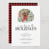 スノーウィンタービレッジレッドプレイド引っ越し祝いパーティーパーティー 招待状 (正面/裏面)