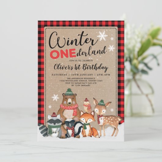 スノーウィンターワンダーランドウッドランドフォレスト誕生日 招待状 (スタンド正面)