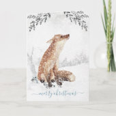 スノーウィーウィンウッドランドレッドキツネウォーターカラーホリデー シーズンカード (正面)