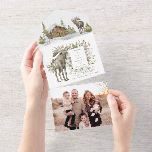 スノーウィーウィンターハウスw/ムース |フォトクリスマスカード オールインワン招待状 (貼ってはがせる)