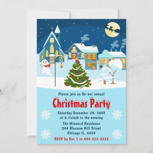 スノーウィーウィンタービレッジシーンクリスマスパーティー 招待状 (正面)