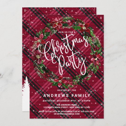 スノーウィーウィンターレッドフローラリースフランネルクリスマス 招待状 (正面/裏面)