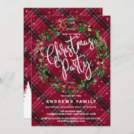 スノーウィーウィンターレッドフローラリースフランネルクリスマス 招待状