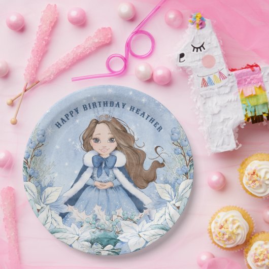 スノーウィーウィンブルネットプリンセス誕生日 ペーパープレート (パーティー)