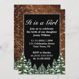 スノーウィーウッド&フォレストベビーガール誕生お祝い 招待状