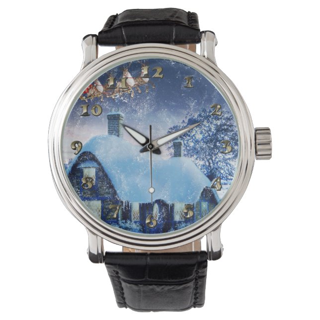 スノーウィークリスマスハウスとサンタ 腕時計 (正面)