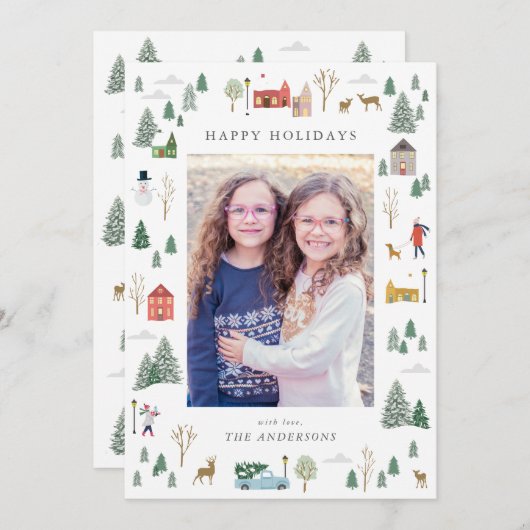 スノーウィークリスマスビレッジフラットホリデーカード シーズンカード (正面/裏面)