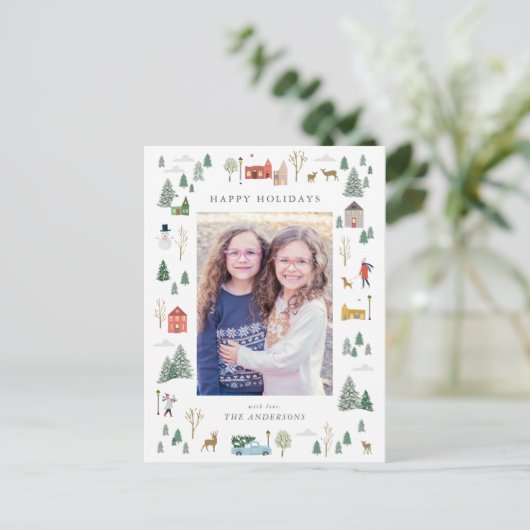 スノーウィークリスマスビレッジフラットホリデーカード シーズンポストカード (スタンド正面)