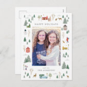 スノーウィークリスマスビレッジフラットホリデーカード シーズンポストカード (正面/裏面)