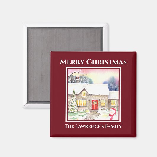 スノーウィーコテージ水色絵画の四角い赤枠 マグネット (正面/裏面)