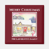 スノーウィーコテージ水色絵画の四角い赤枠 マグネット (正面)