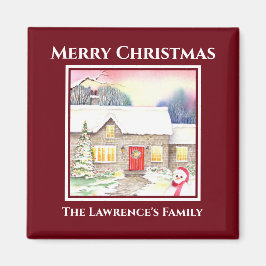 スノーウィーコテージ水色絵画の四角い赤枠 マグネット