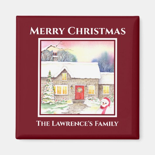 スノーウィーコテージ水色絵画の四角い赤枠 マグネット (正面)