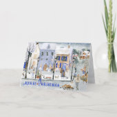 スノーウィーノルディックビレッジハウスス忙しクリスマスウィンター シーズンカード (正面)