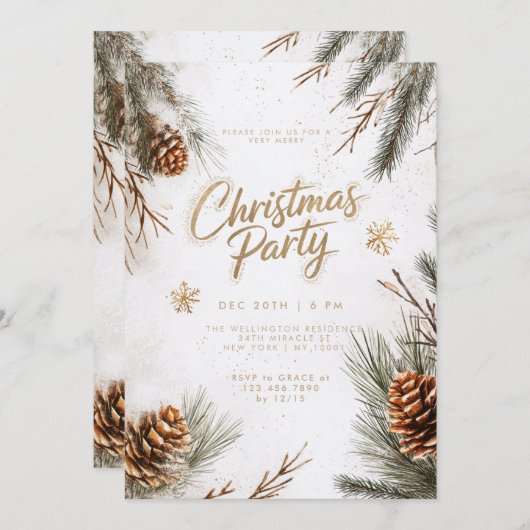 スノーウィーパインズピネコーンスノーフレーク金ゴールドクリスマス 招待状 (正面/裏面)