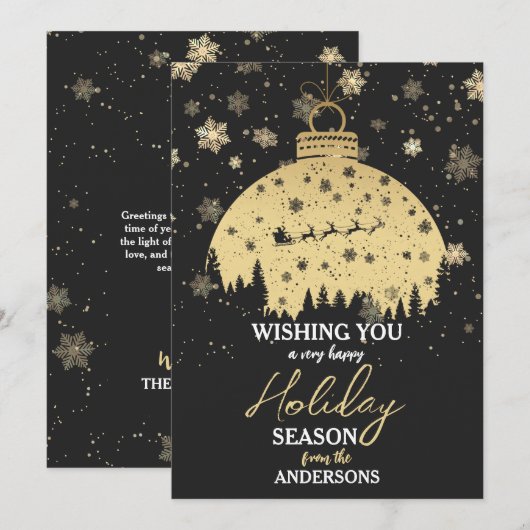 スノーウィーフォレストクリスマス金ゴールドオーナメントサンタスリー シーズンカード (正面/裏面)