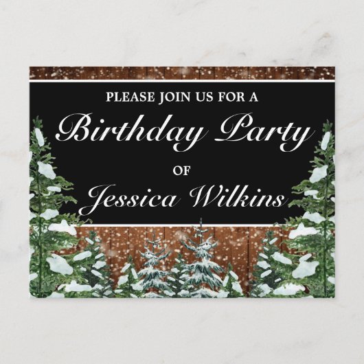 スノーウィーフォレスト誕生日ブラック招待状はがき 案内ポストカード (正面)