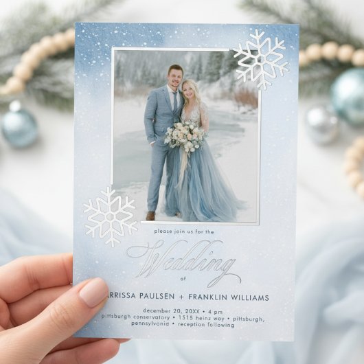 スノーウィーブルー水彩ウィンターの両面結婚式 箔招待状