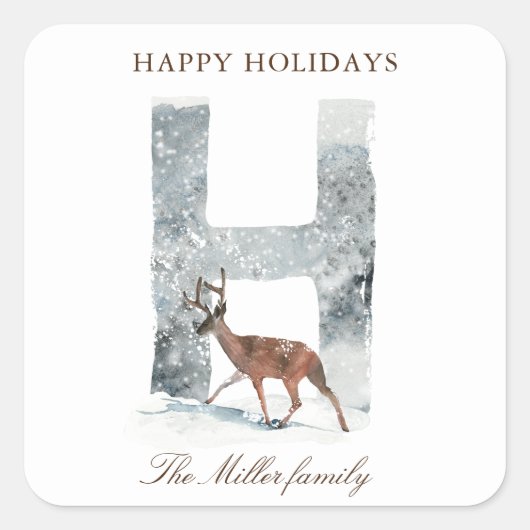 スノーウィーマウンテンズウッドランドアニマルズホリデーモノグラム スクエアシール (正面)