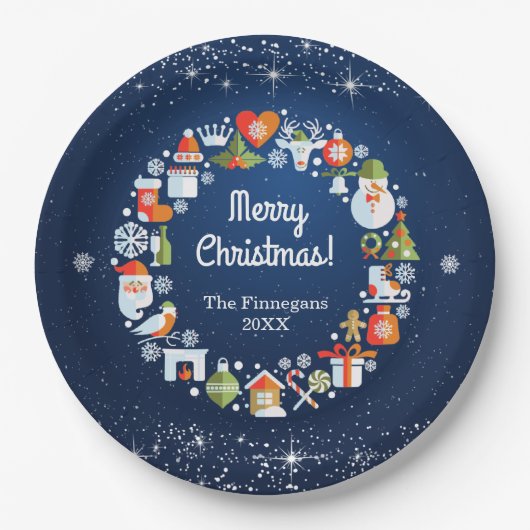 スノーウィーリースブルークリスマスホリデーパーティー ペーパープレート (正面)