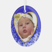 スノーウィー深いブルーベビーズ初めてのクリスマス写真ハート ガラスオーナメント (正面左)