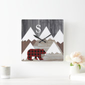 スノーウィー素朴マウンテンバッファローチェックベアモノグラム スクエア壁時計 (ホーム)