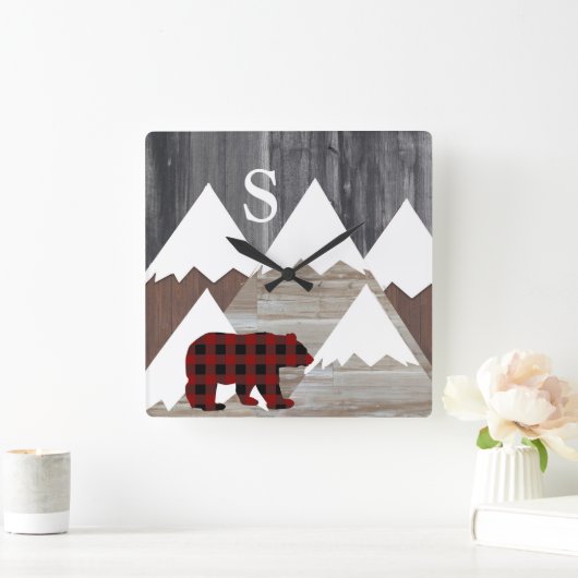 スノーウィー素朴マウンテンバッファローチェックベアモノグラム スクエア壁時計 (ホーム)
