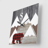 スノーウィー素朴マウンテンバッファローチェックベアモノグラム スクエア壁時計 (傾斜)