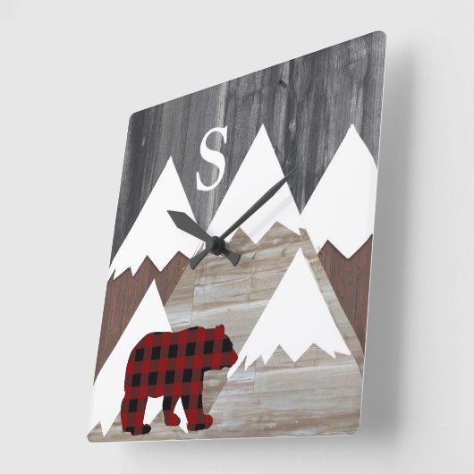 スノーウィー素朴マウンテンバッファローチェックベアモノグラム スクエア壁時計 (傾斜)