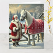 スノーウィー・ファームでホワイトホースとサンタクロース カード (黄色い花)