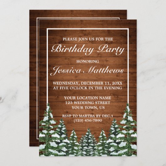 スノーウッドアンドフォレストカントリーパインフォト誕生日 招待状 (正面/裏面)