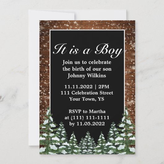 スノーウッドフォレストパイン男の赤ちゃん誕生お祝い 招待状 (正面)