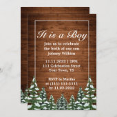 スノーウッドフォレストパイン男の赤ちゃん誕生お祝い 招待状 (正面/裏面)