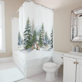 スノーウッドランドフォレストトナカイ家族の水彩色 シャワーカーテン (インサイチュ)