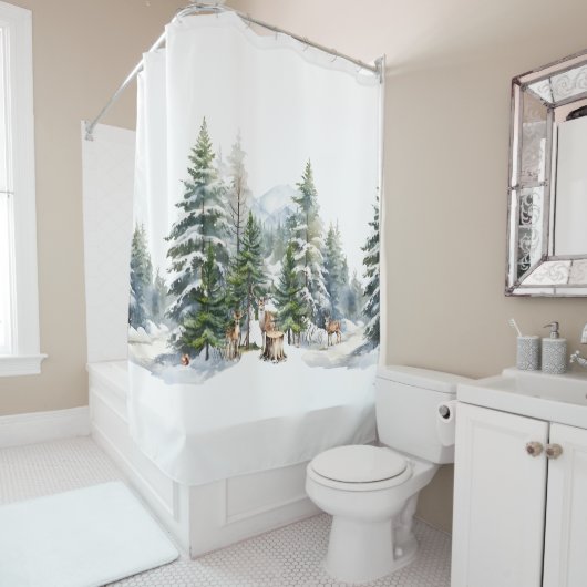 スノーウッドランドフォレストトナカイ家族の水彩色 シャワーカーテン (インサイチュ)
