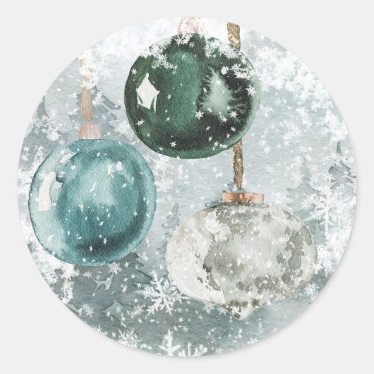 スノーウッドランドフォレストヴィンテージグリーンガラスオーナメント ラウンドシール (正面)