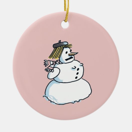 スノーウーマンピンクのセラミッククリスマスオーナメント セラミックオーナメント (正面)