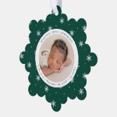 スノーエレガントフレークスグリーンベビーの初めてのクリスマス オーナメントカード (左)