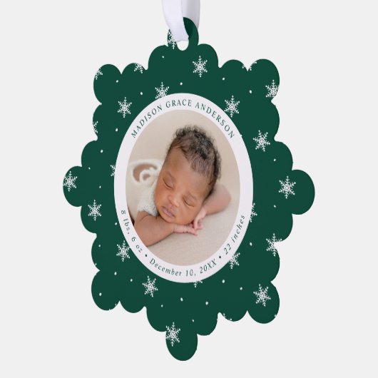 スノーエレガントフレークスグリーンベビーの初めてのクリスマス オーナメントカード (左)