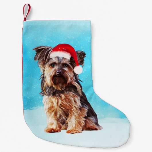 スノークリスマスサンタハットのヨークシャーテリアドッグ スモールクリスマスストッキング (正面)