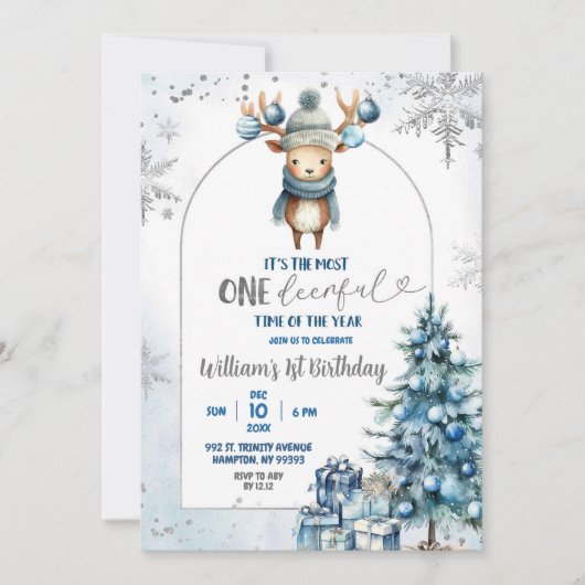 スノークリスマスツリートナディファースト誕生日 招待状 (正面)