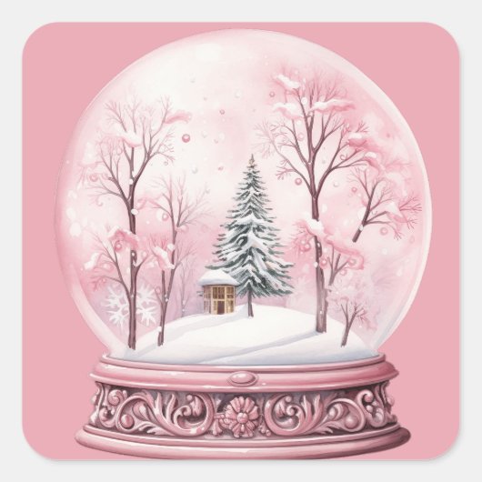 スノーグローブのクリスマスピンクの風景 スクエアシール (正面)